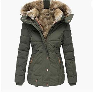REMIKSTYT Womens Duck Down Army Green Quilted Puffer Winter Coat Faux Fur Food